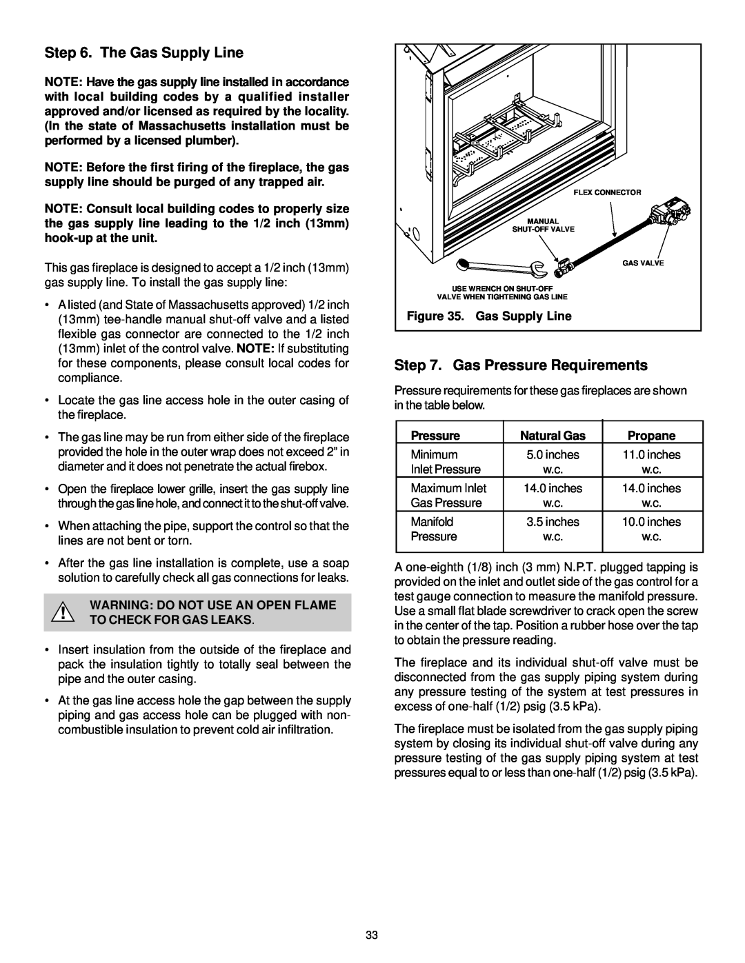 Quadra-Fire QV36-A, QV32-A manual The Gas Supply Line, Gas Pressure Requirements, Warning Do Not Use An Open Flame 