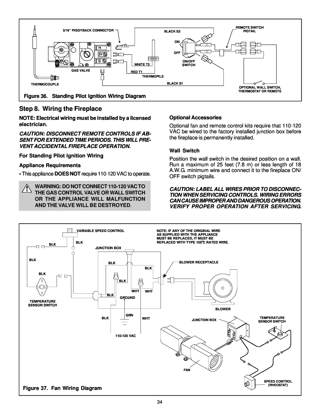Quadra-Fire QV32-A manual Wiring the Fireplace, Standing Pilot Ignition Wiring Diagram, For Standing Pilot Ignition Wiring 