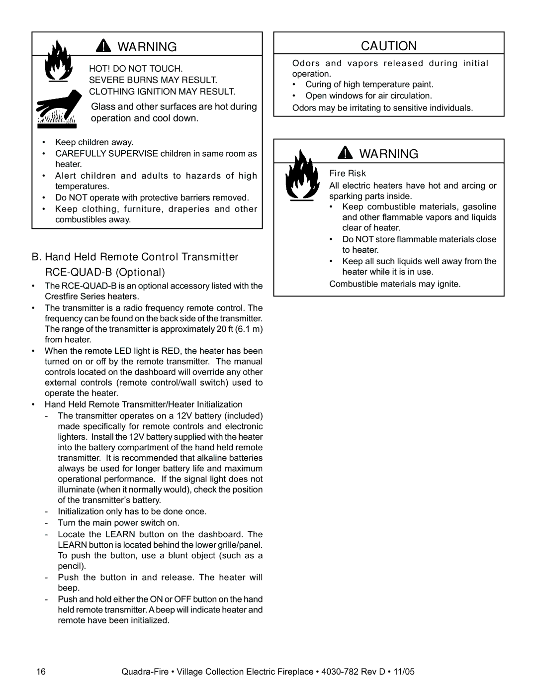 Quadra-Fire QV32E-B, QV32EV-B owner manual Hand Held Remote Control Transmitter RCE-QUAD-B Optional 