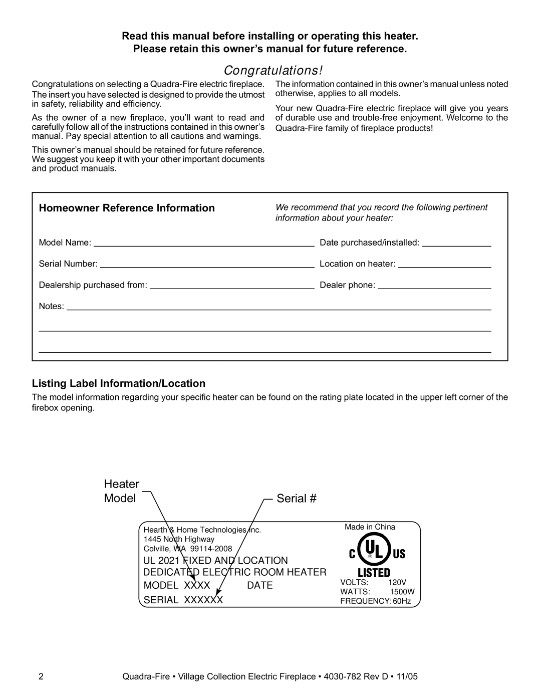 Quadra-Fire QV32E-B, QV32EV-B owner manual Homeowner Reference Information, Listing Label Information/Location 