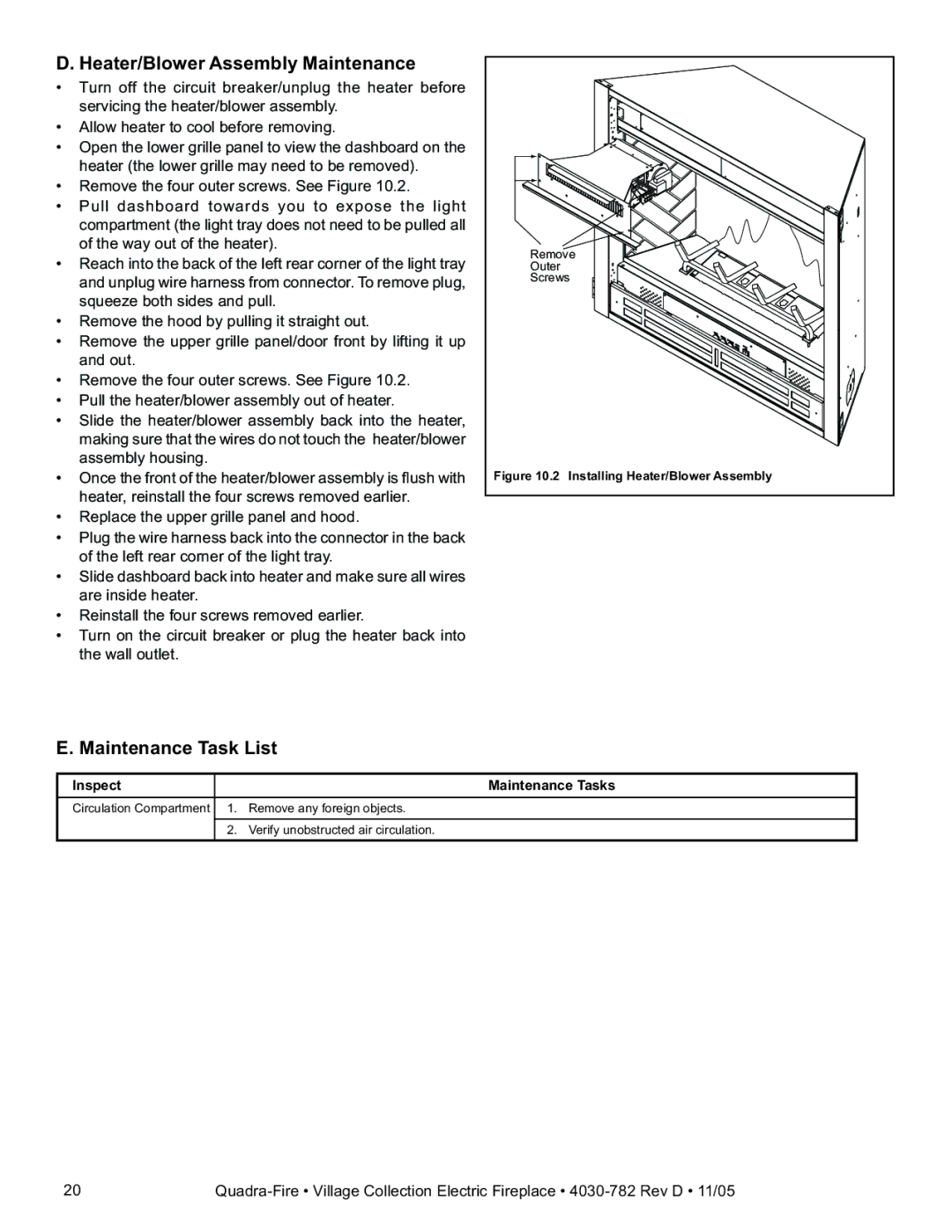 Quadra-Fire QV32E-B, QV32EV-B owner manual Heater/Blower Assembly Maintenance, Maintenance Task List 