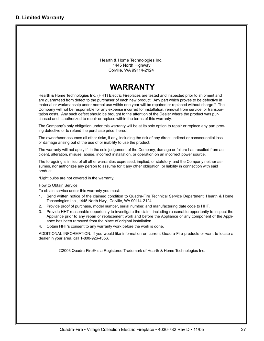 Quadra-Fire QV32EV-B, QV32E-B owner manual Limited Warranty 