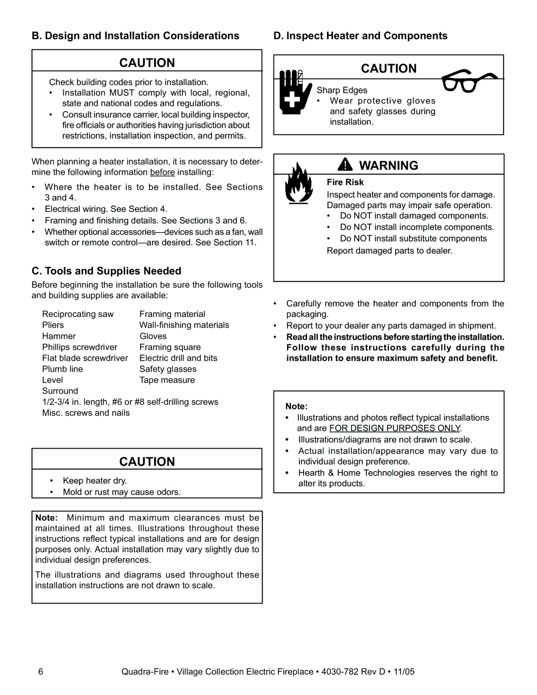 Quadra-Fire QV32E-B, QV32EV-B owner manual Tools and Supplies Needed, Fire Risk 