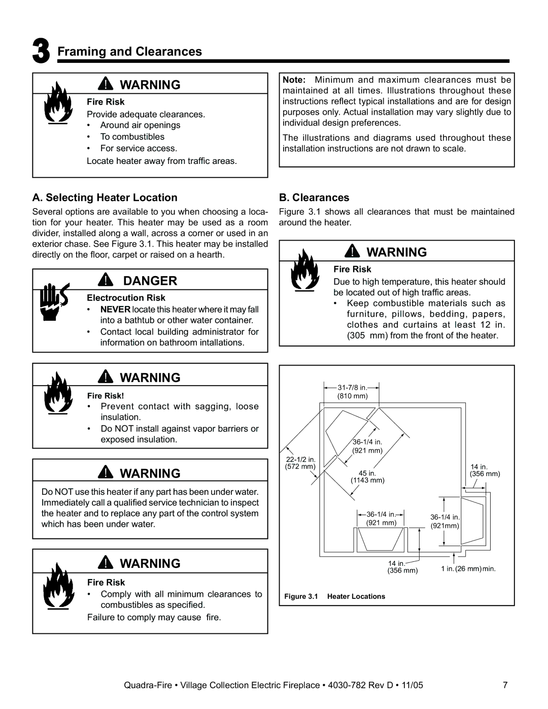 Quadra-Fire QV32EV-B, QV32E-B owner manual Framing and Clearances, Selecting Heater Location, Electrocution Risk 