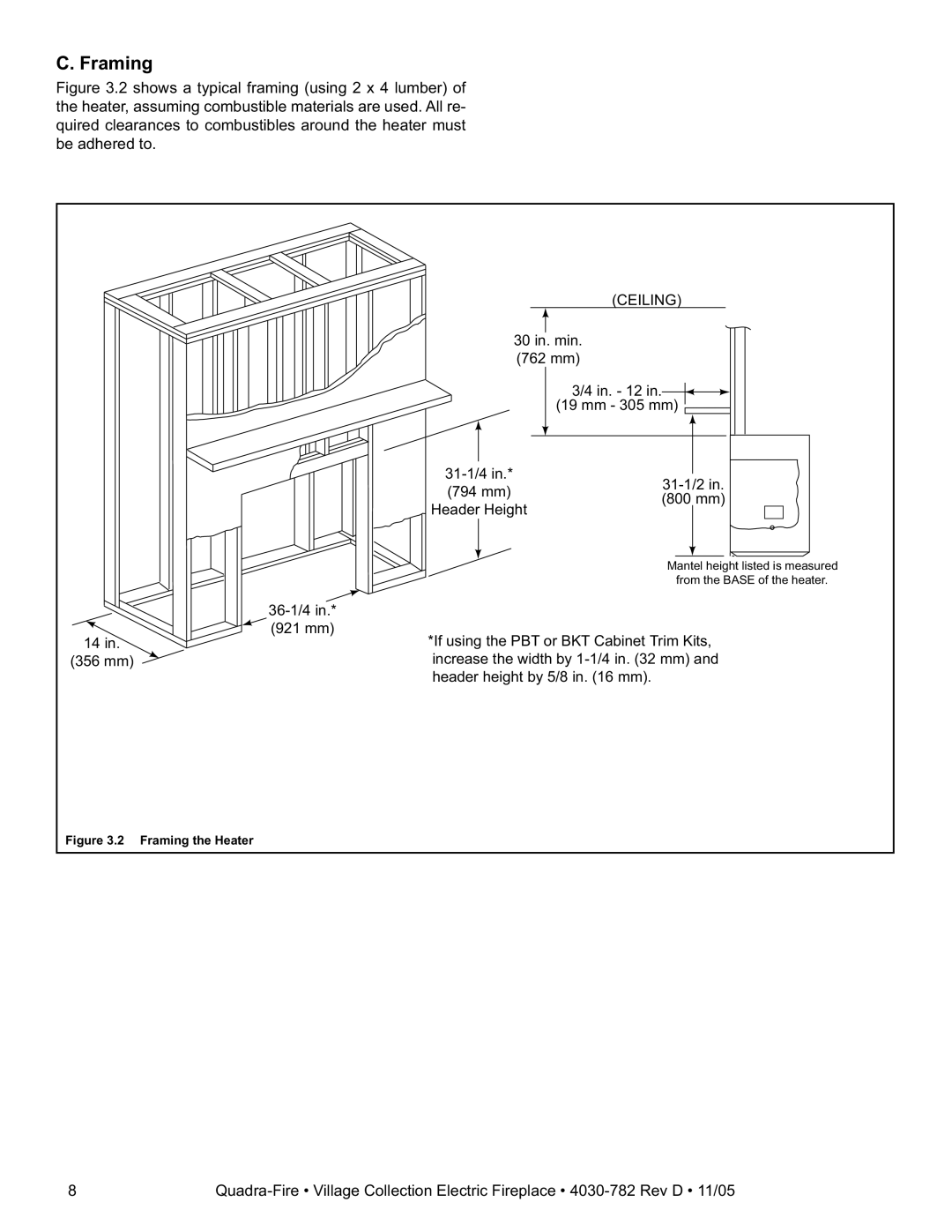 Quadra-Fire QV32E-B, QV32EV-B owner manual Framing, Ceiling 