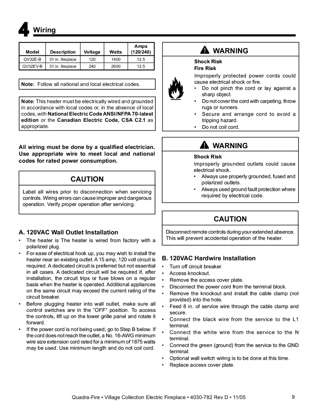 Quadra-Fire QV32EV-B, QV32E-B Wiring, 120VAC Wall Outlet Installation, 120VAC Hardwire Installation, Shock Risk Fire Risk 