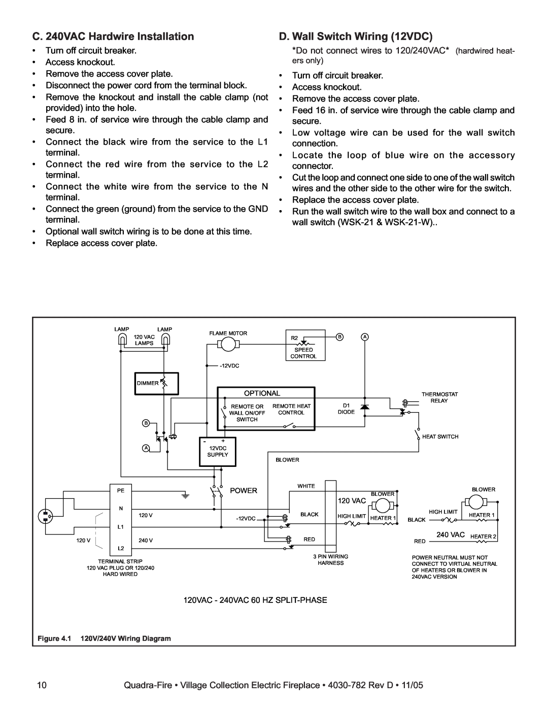 Quadra-Fire QV32E-B, QV32EV-B owner manual C. 240VAC Hardwire Installation, D. Wall Switch Wiring 12VDC 