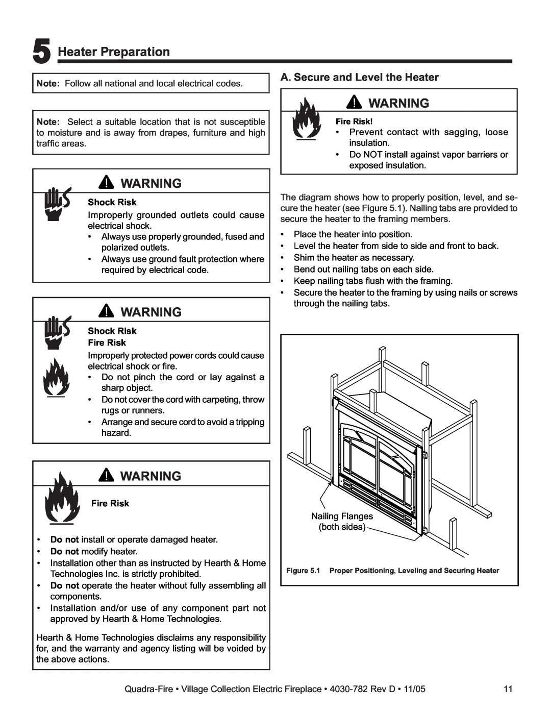 Quadra-Fire QV32EV-B, QV32E-B owner manual 5Heater Preparation, A. Secure and Level the Heater 
