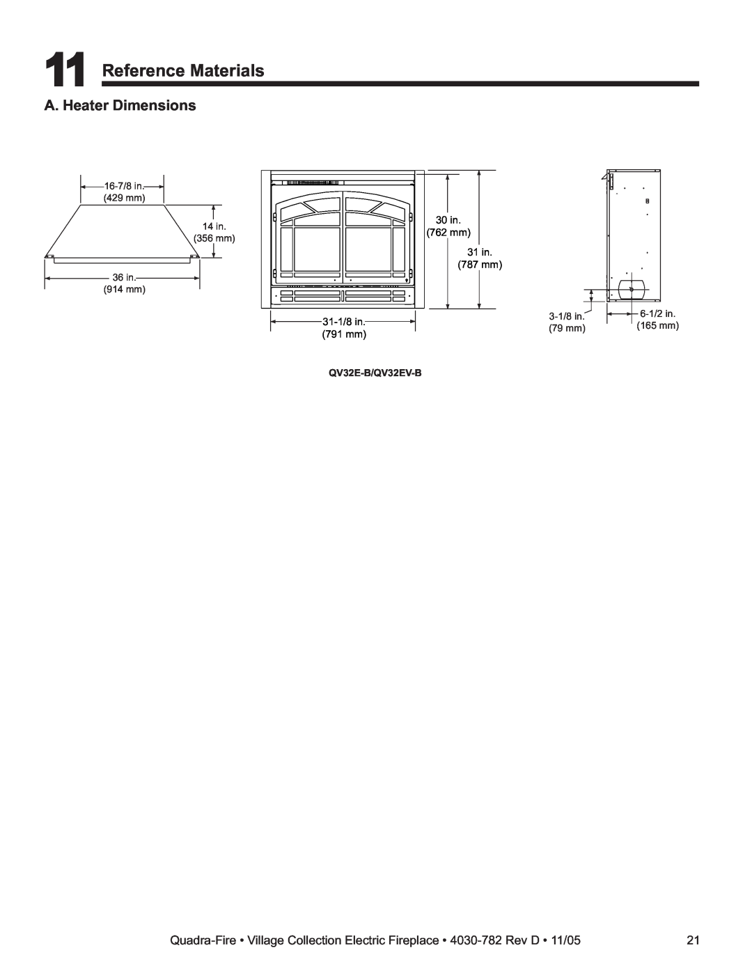 Quadra-Fire owner manual Reference Materials, A. Heater Dimensions, QV32E-B/QV32EV-B 