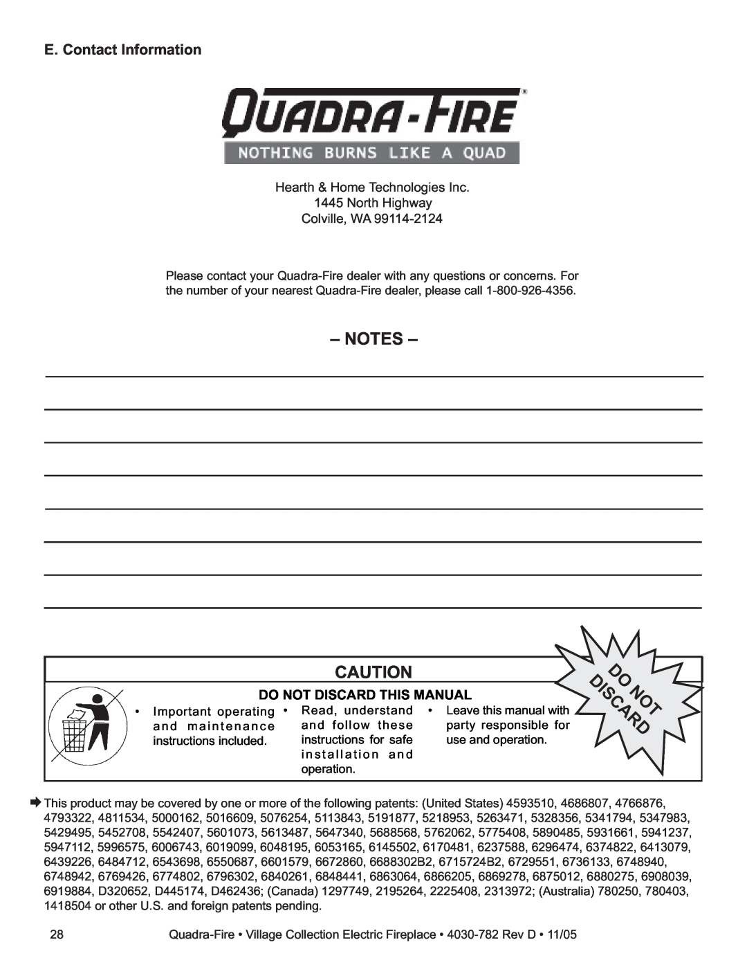 Quadra-Fire QV32E-B E. Contact Information, Do Not Discard This Manual, Hearth & Home Technologies Inc 1445 North Highway 