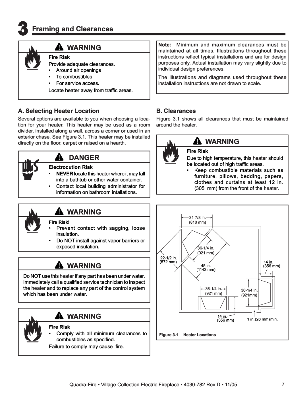 Quadra-Fire QV32EV-B, QV32E-B owner manual 3Framing and Clearances, Danger, A. Selecting Heater Location, B. Clearances 