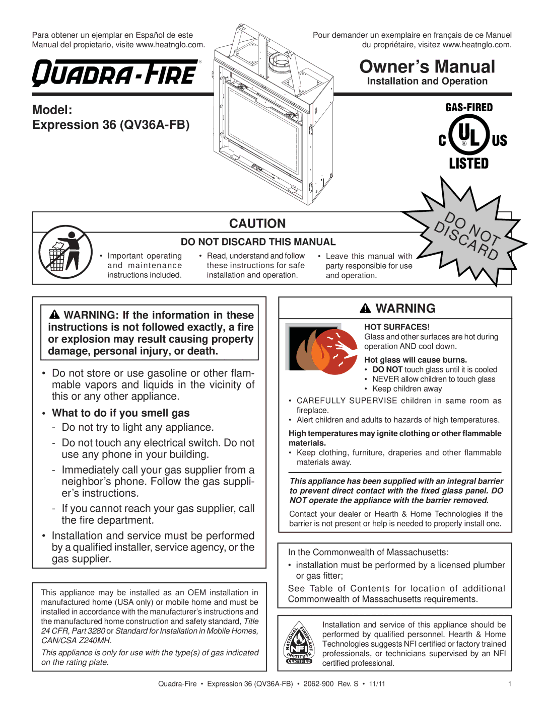 Quadra-Fire owner manual Model Expression 36 QV36A-FB, What to do if you smell gas, Hot glass will cause burns 