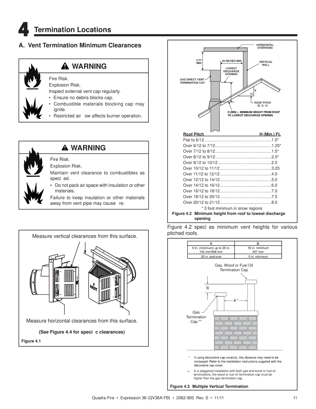 Quadra-Fire QV36A-FB owner manual Termination Locations, Vent Termination Minimum Clearances, See .4 for speciﬁc clearances 