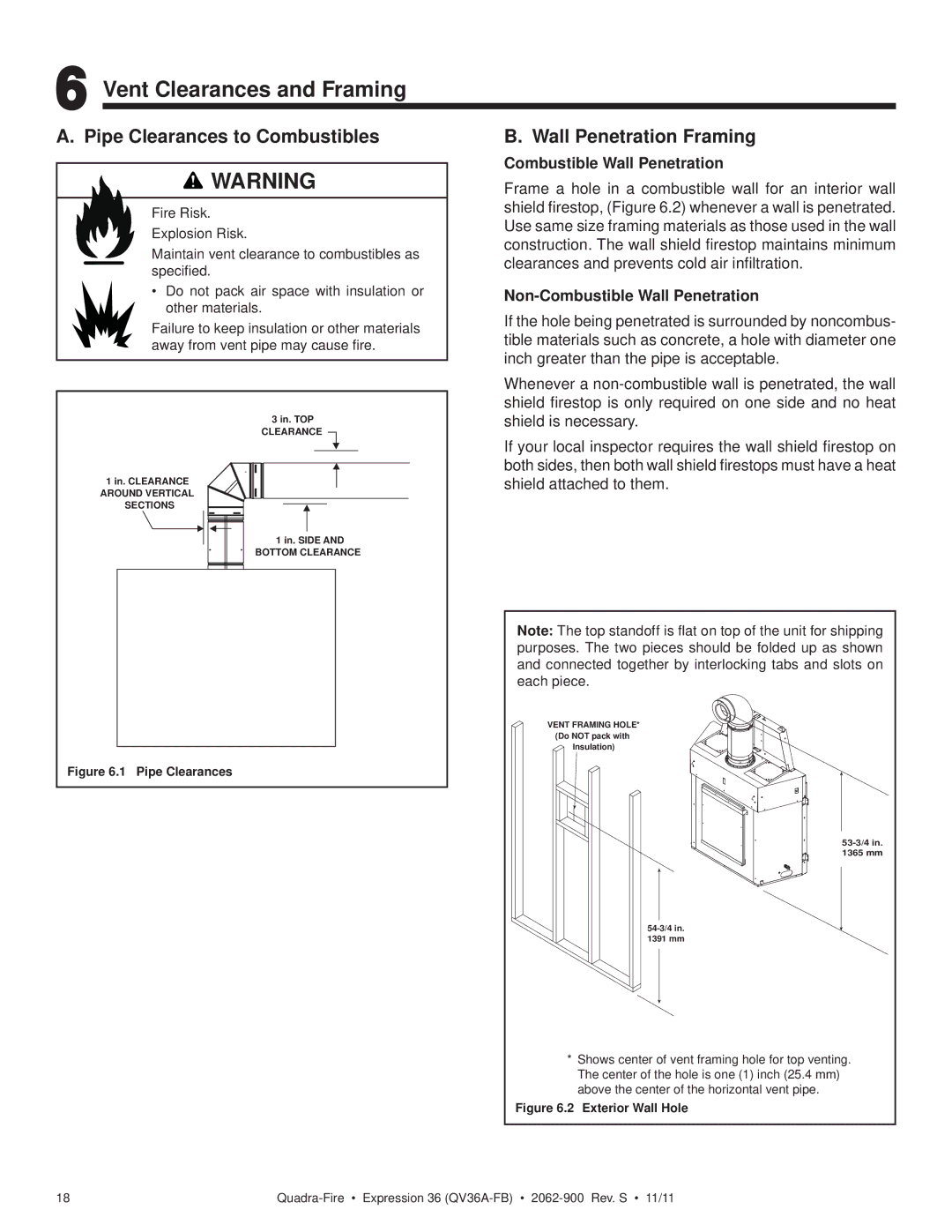 Quadra-Fire QV36A-FB owner manual Vent Clearances and Framing, Pipe Clearances to Combustibles, Wall Penetration Framing 