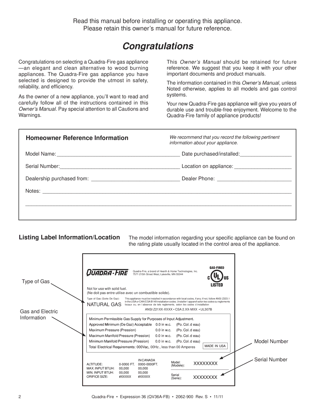 Quadra-Fire QV36A-FB owner manual Congratulations, Homeowner Reference Information 