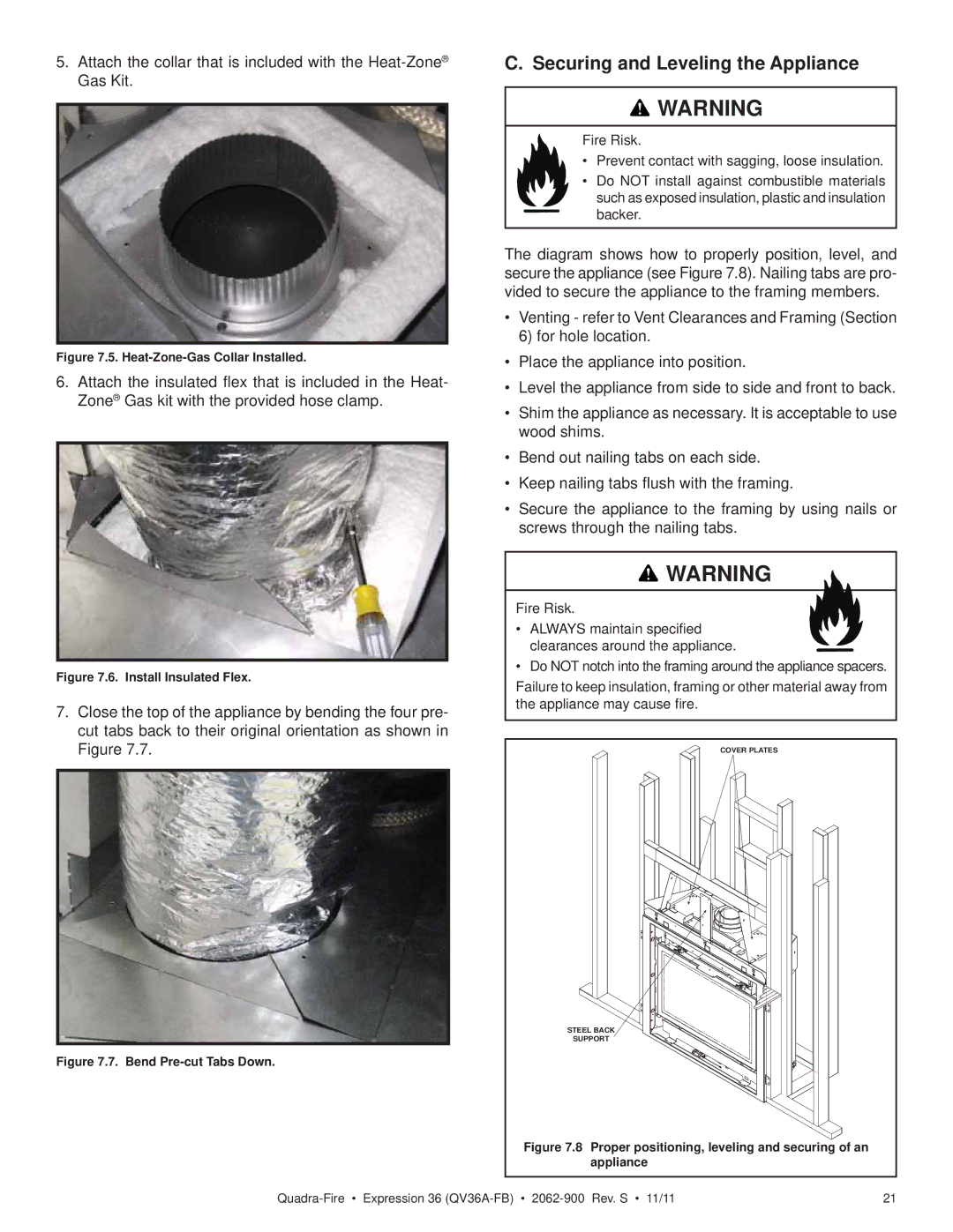 Quadra-Fire QV36A-FB Securing and Leveling the Appliance, Fire Risk Prevent contact with sagging, loose insulation, Backer 