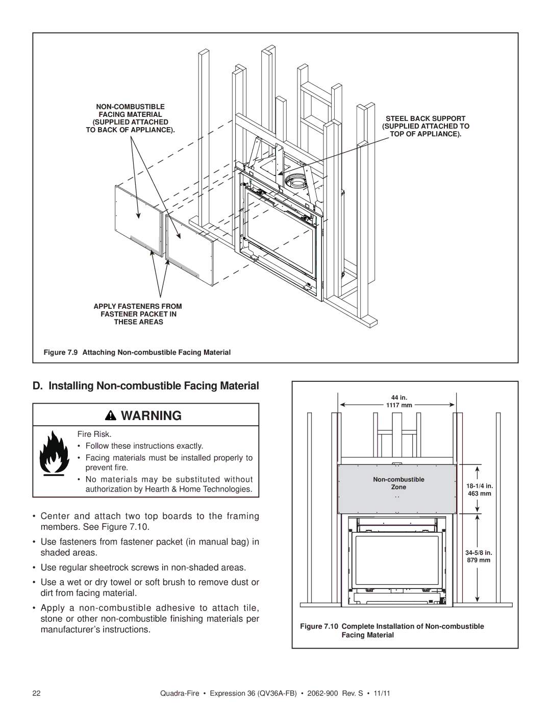 Quadra-Fire QV36A-FB owner manual Installing Non-combustible Facing Material, Complete Installation of Non-combustible 