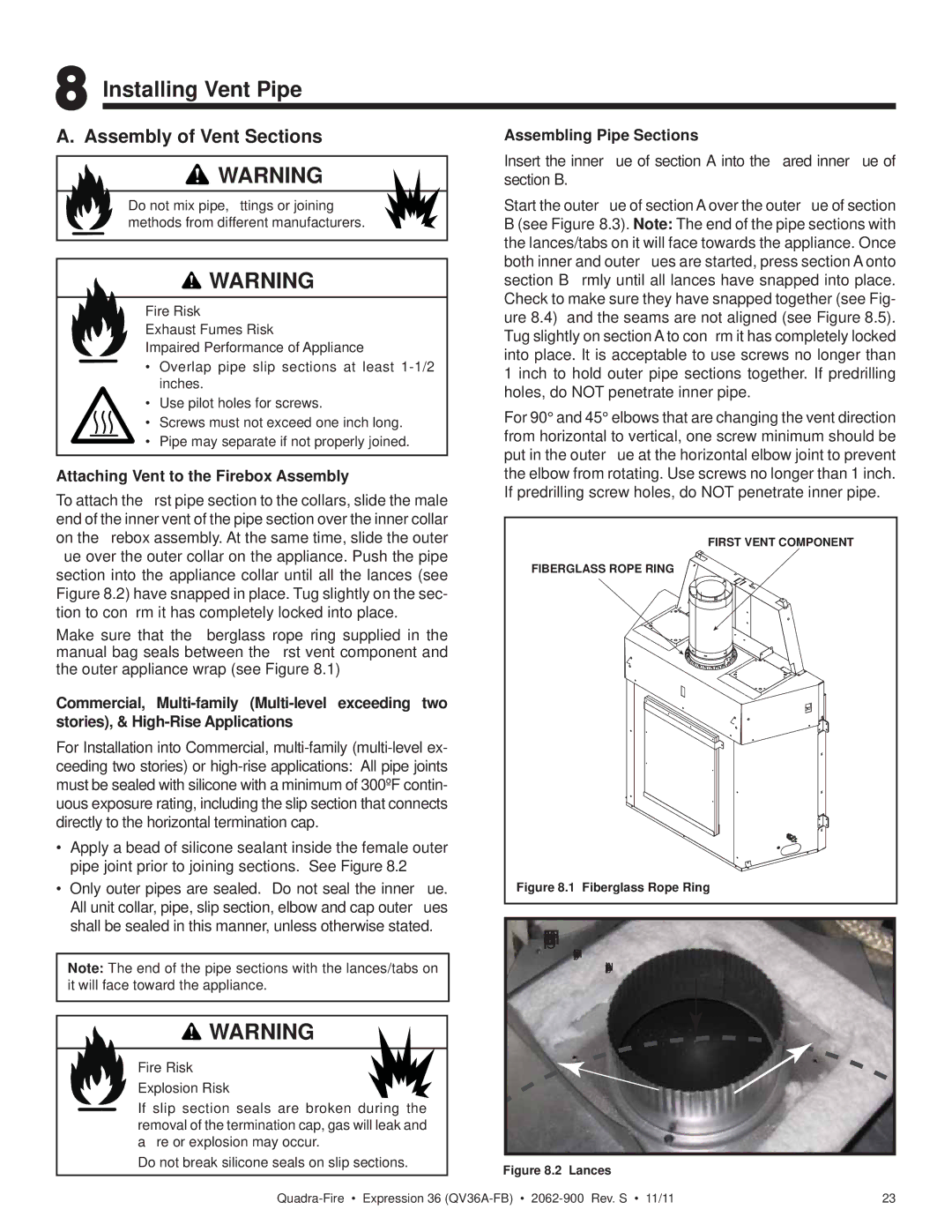 Quadra-Fire QV36A-FB owner manual Installing Vent Pipe, Assembly of Vent Sections, Attaching Vent to the Firebox Assembly 