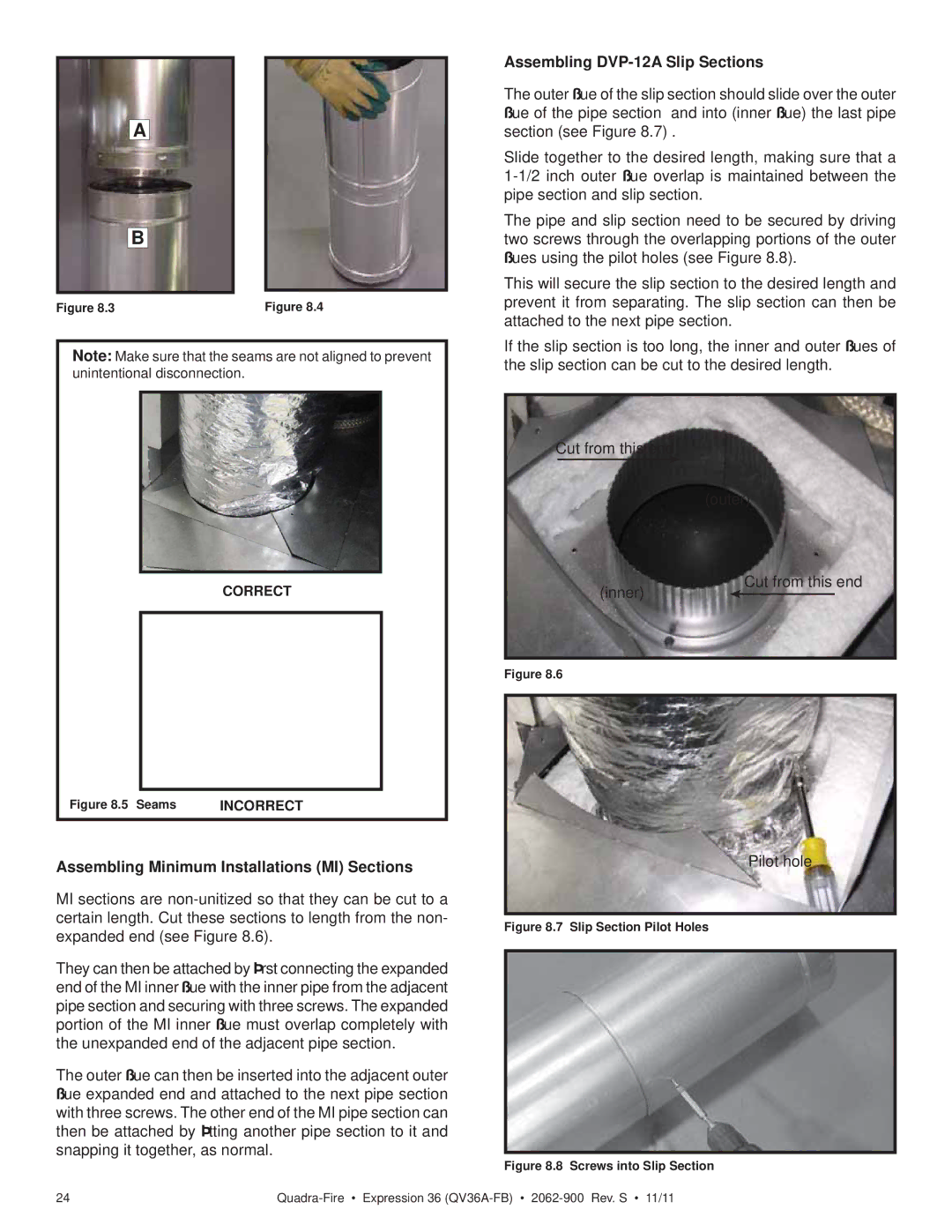 Quadra-Fire QV36A-FB owner manual Assembling DVP-12A Slip Sections, Assembling Minimum Installations MI Sections 