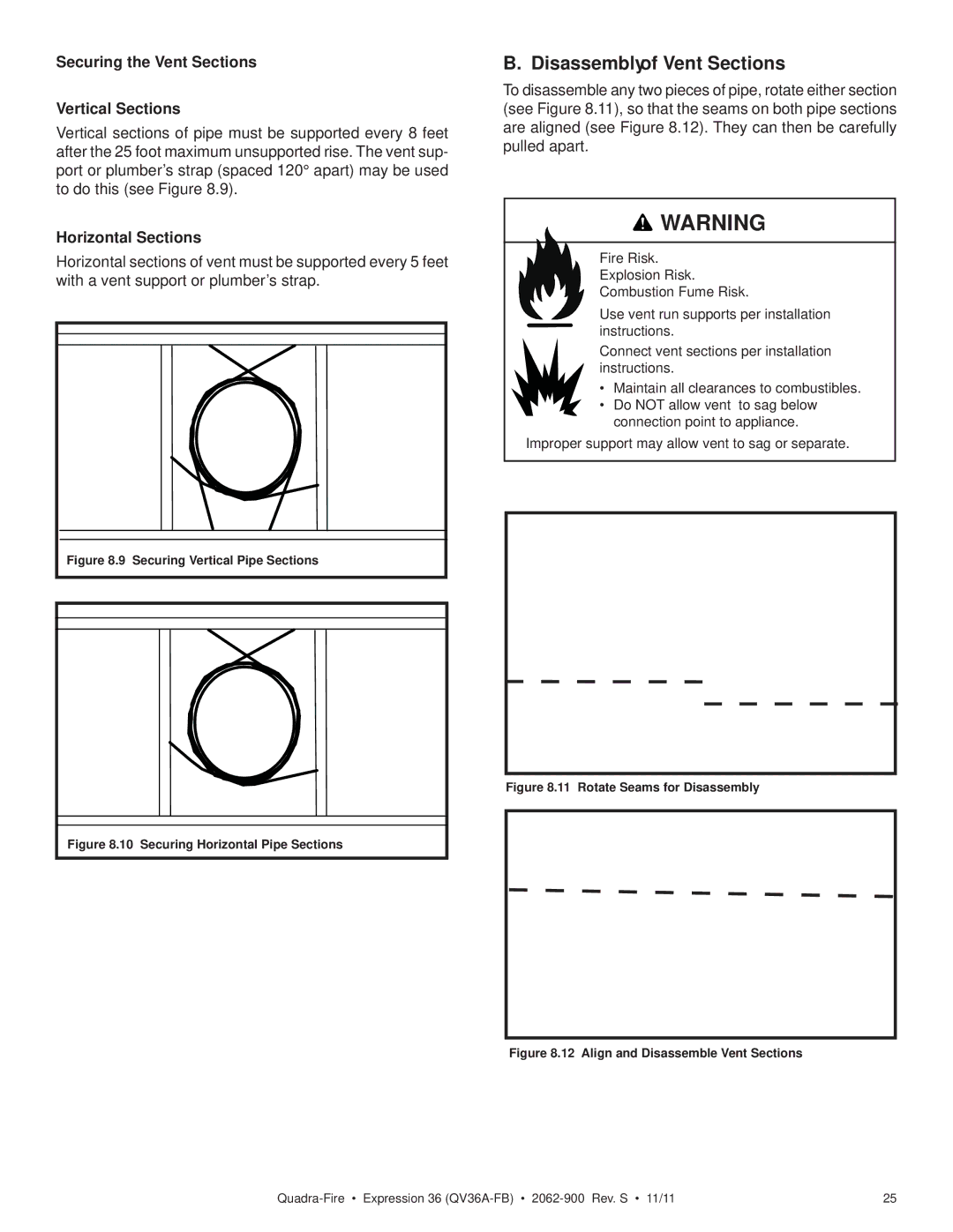 Quadra-Fire QV36A-FB Disassembly of Vent Sections, Securing the Vent Sections Vertical Sections, Horizontal Sections 