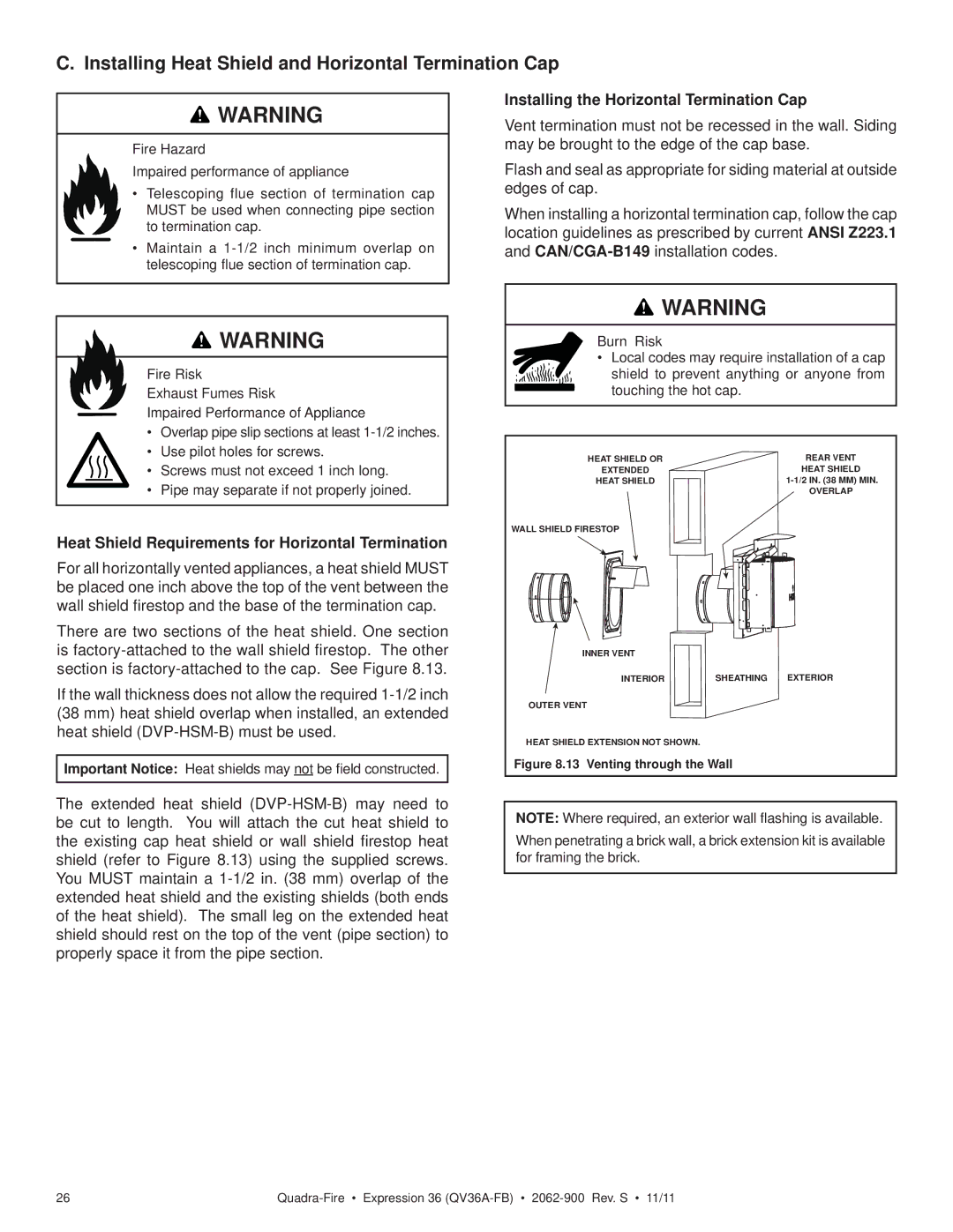 Quadra-Fire QV36A-FB Installing Heat Shield and Horizontal Termination Cap, Installing the Horizontal Termination Cap 