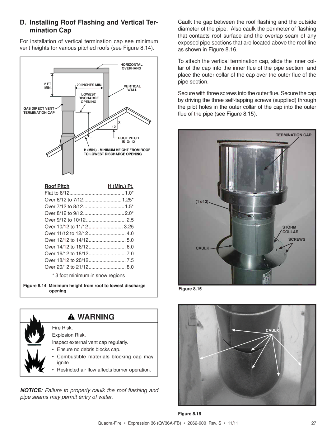 Quadra-Fire QV36A-FB owner manual Installing Roof Flashing and Vertical Ter- mination Cap, Roof Pitch Min. Ft 