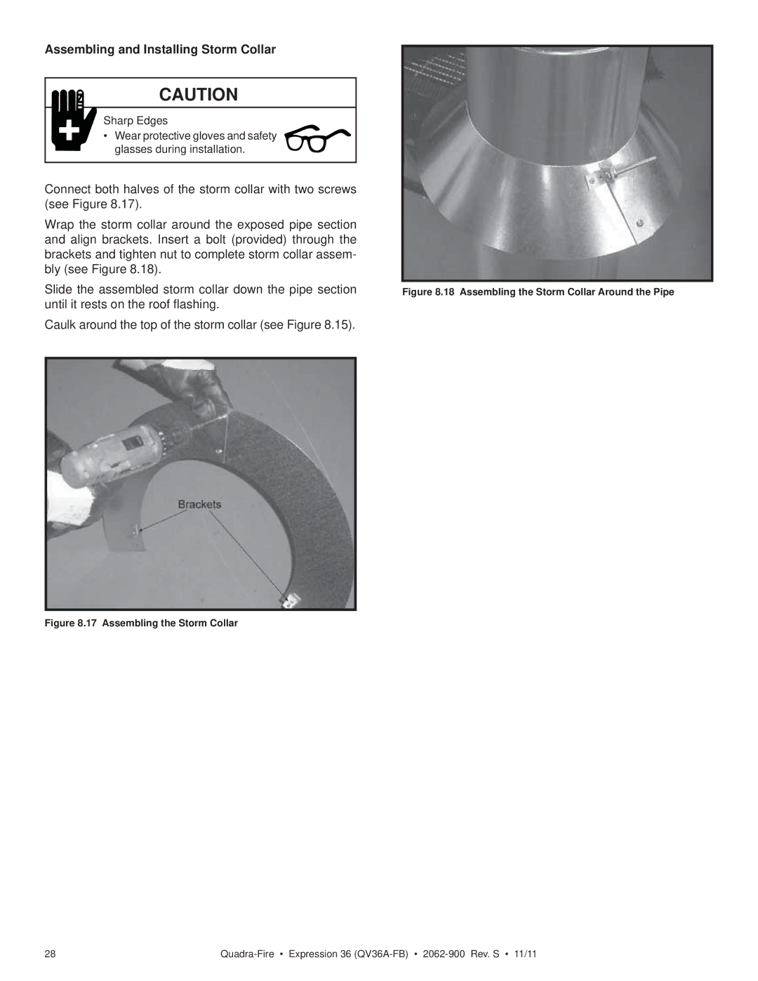 Quadra-Fire QV36A-FB owner manual Assembling and Installing Storm Collar, Sharp Edges 