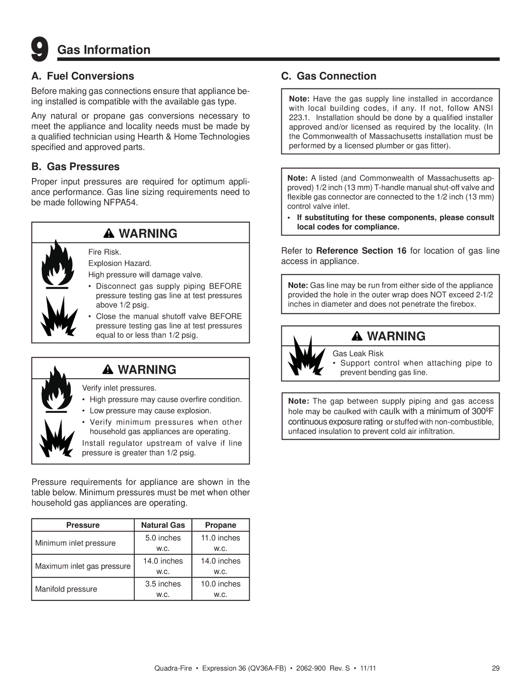 Quadra-Fire QV36A-FB Gas Information, Fuel Conversions Gas Connection, Gas Pressures, Pressure Natural Gas Propane 