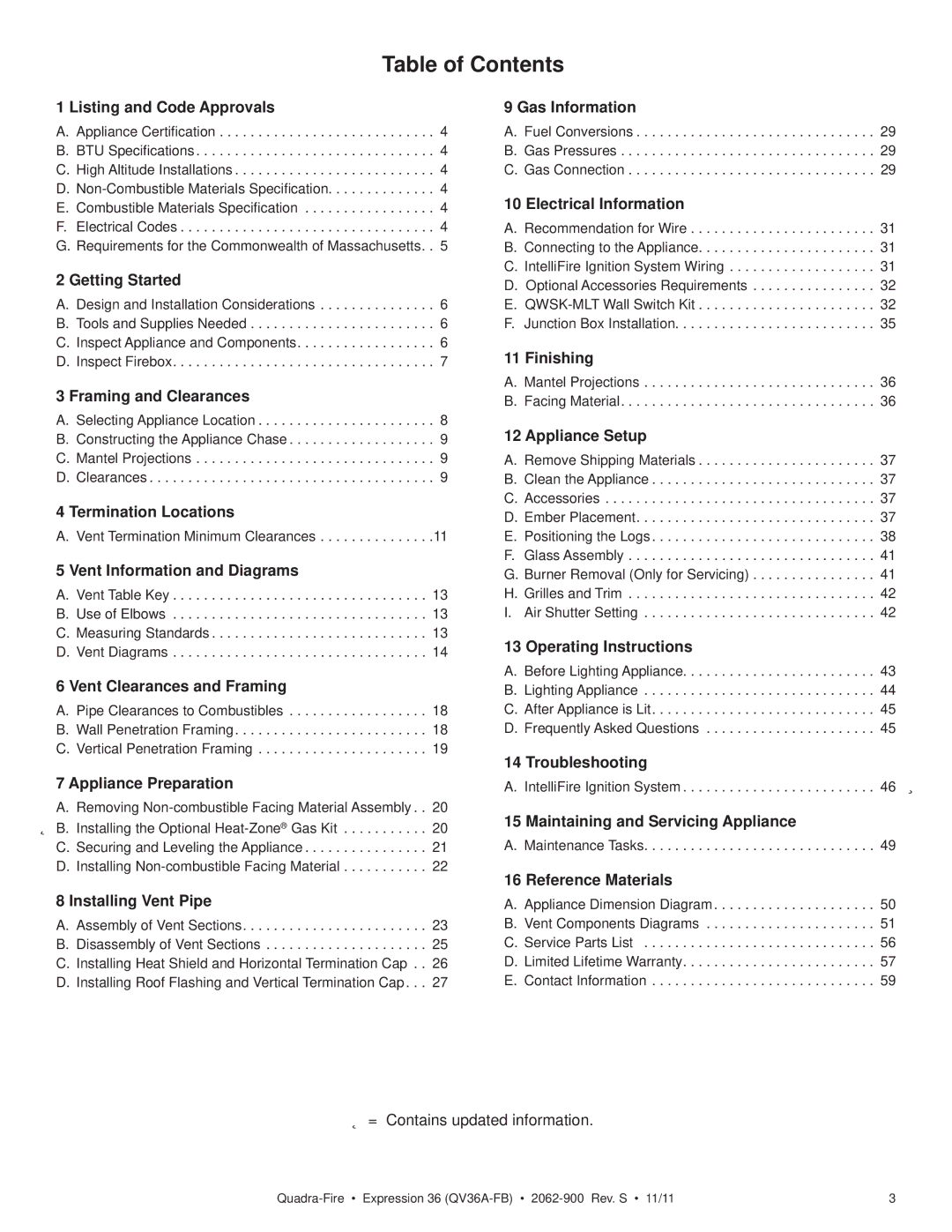 Quadra-Fire QV36A-FB owner manual Table of Contents 