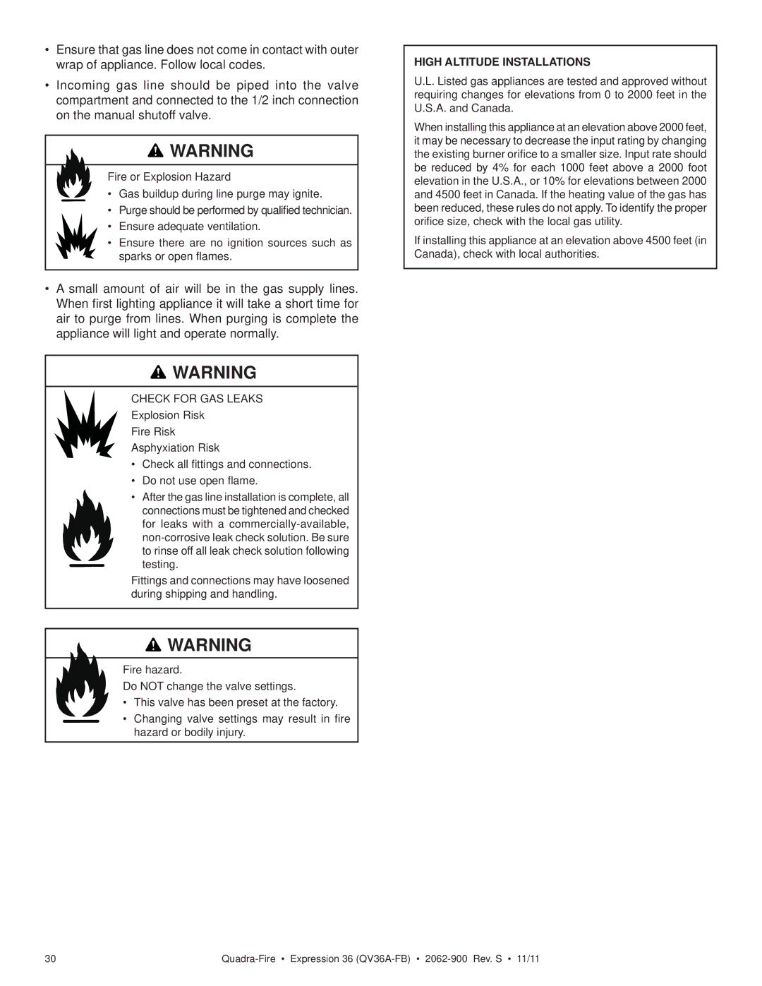 Quadra-Fire QV36A-FB owner manual High Altitude Installations 