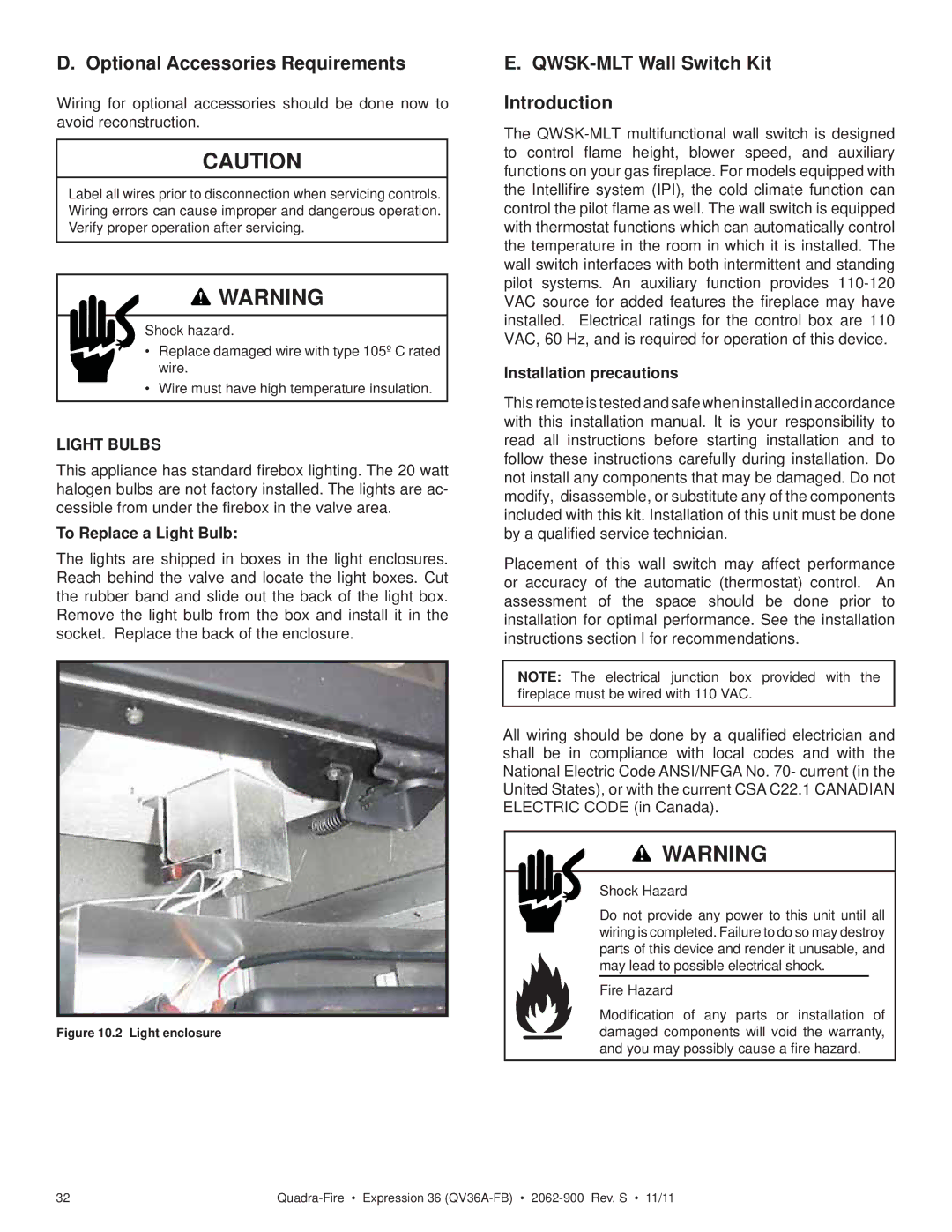 Quadra-Fire QV36A-FB Optional Accessories Requirements, QWSK-MLT Wall Switch Kit Introduction, To Replace a Light Bulb 