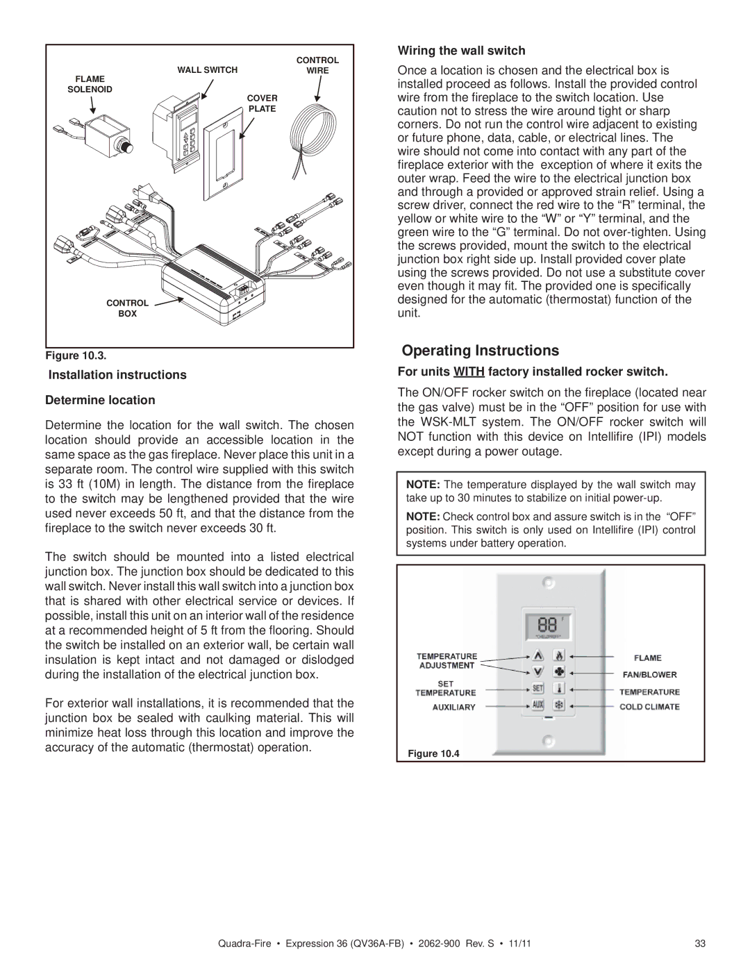 Quadra-Fire QV36A-FB Operating Instructions, Installation instructions Determine location, Wiring the wall switch 