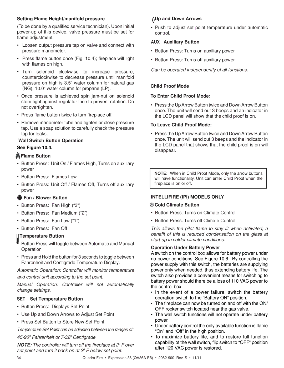 Quadra-Fire QV36A-FB owner manual Setting Flame Height/manifold pressure, Wall Switch Button Operation, Flame Button 