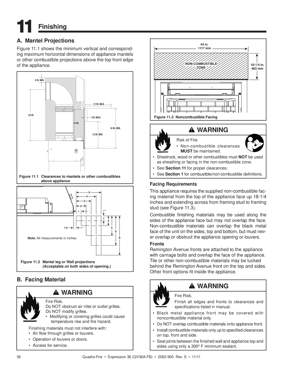 Quadra-Fire QV36A-FB owner manual Finishing, Facing Material, Facing Requirements, Fronts 