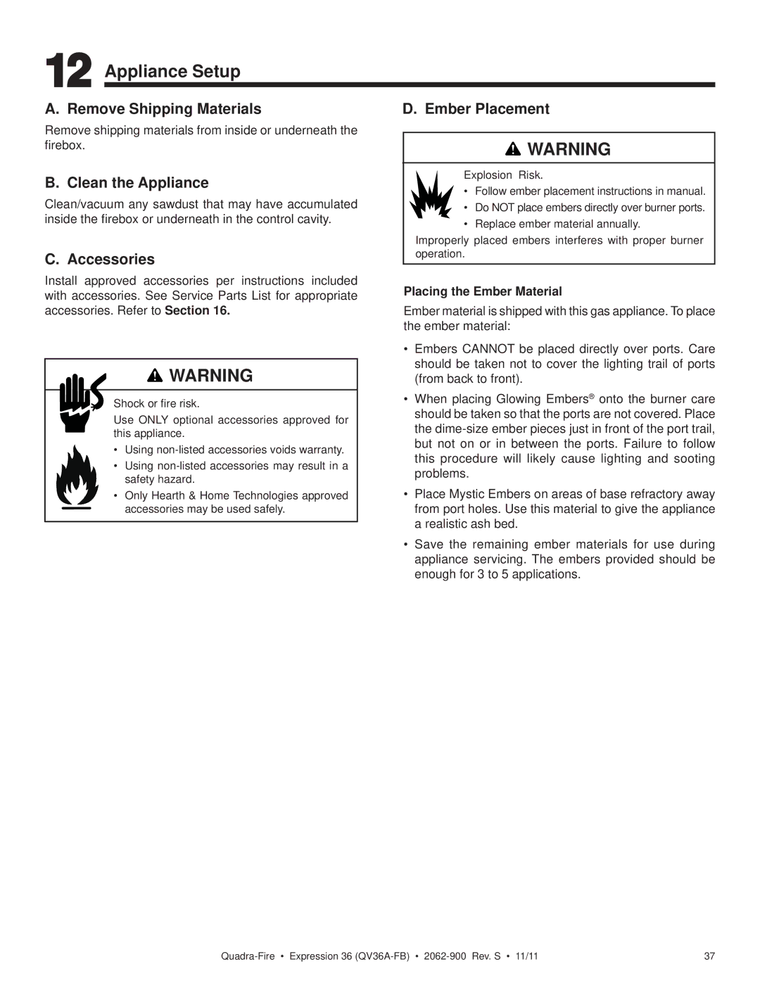 Quadra-Fire QV36A-FB Appliance Setup, Remove Shipping Materials, Clean the Appliance, Accessories, Ember Placement 