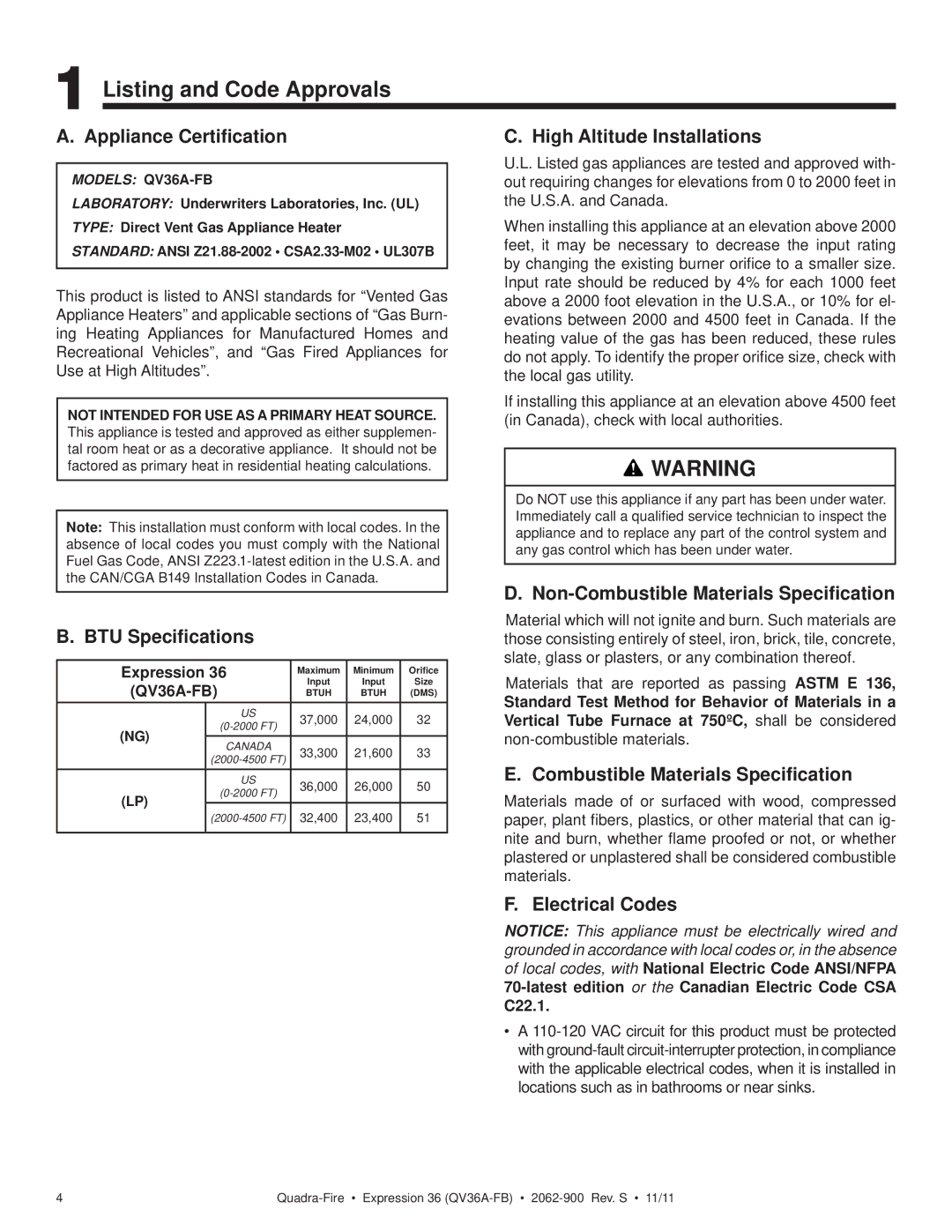 Quadra-Fire QV36A-FB owner manual Listing and Code Approvals 