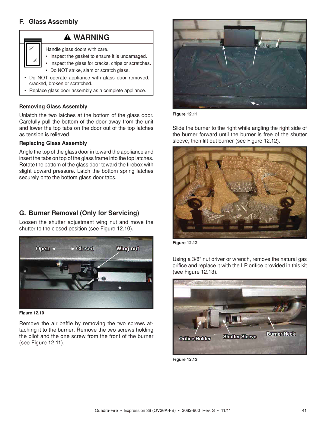 Quadra-Fire QV36A-FB owner manual Burner Removal Only for Servicing, Removing Glass Assembly, Replacing Glass Assembly 