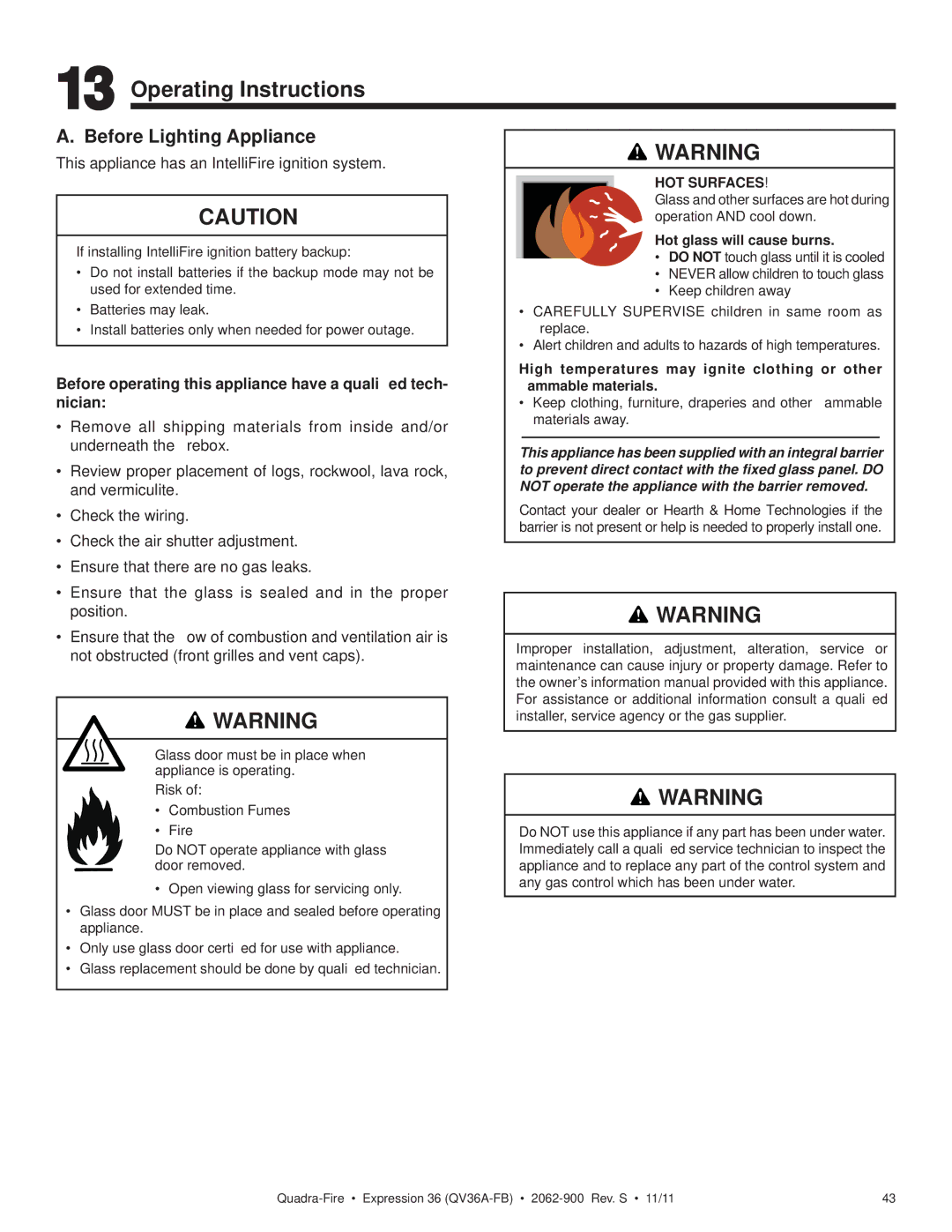 Quadra-Fire QV36A-FB owner manual Operating Instructions, Before Lighting Appliance 