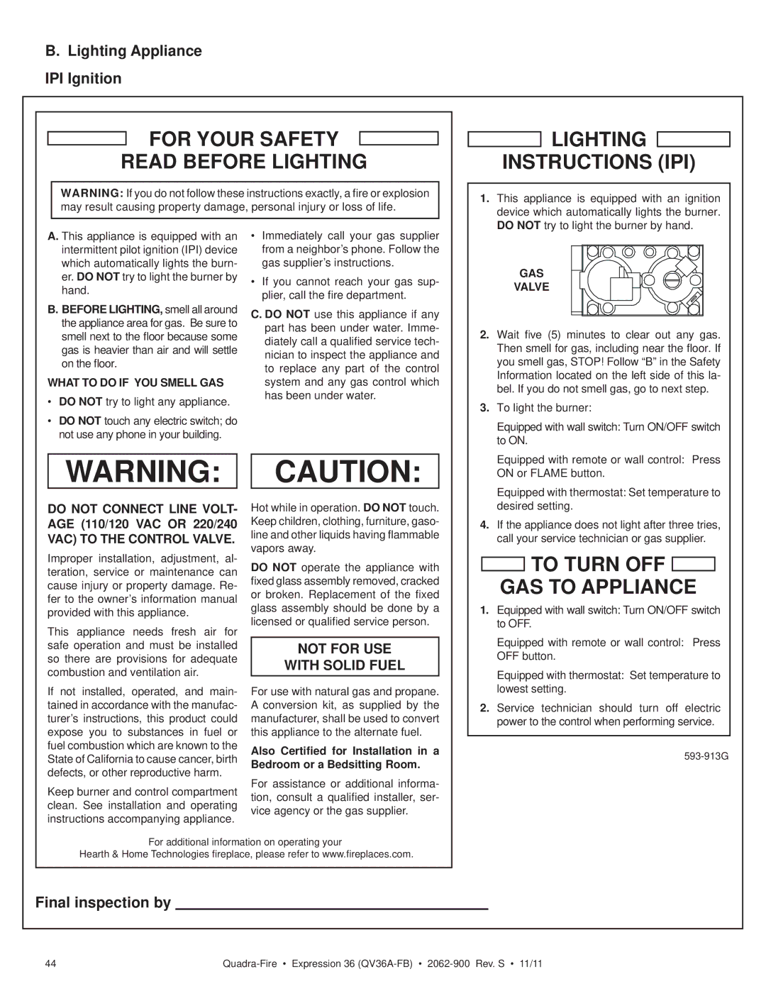 Quadra-Fire QV36A-FB owner manual Lighting Appliance IPI Ignition, Final inspection by 