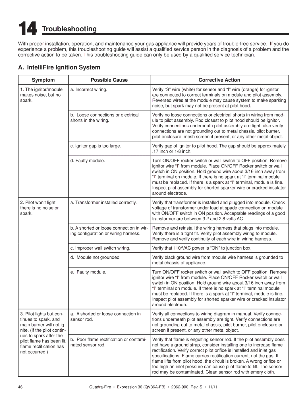 Quadra-Fire QV36A-FB owner manual Troubleshooting, IntelliFire Ignition System, Symptom Possible Cause Corrective Action 