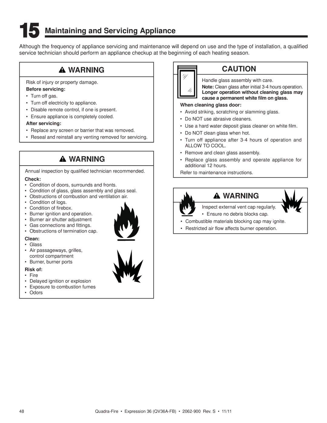 Quadra-Fire QV36A-FB owner manual Maintaining and Servicing Appliance 