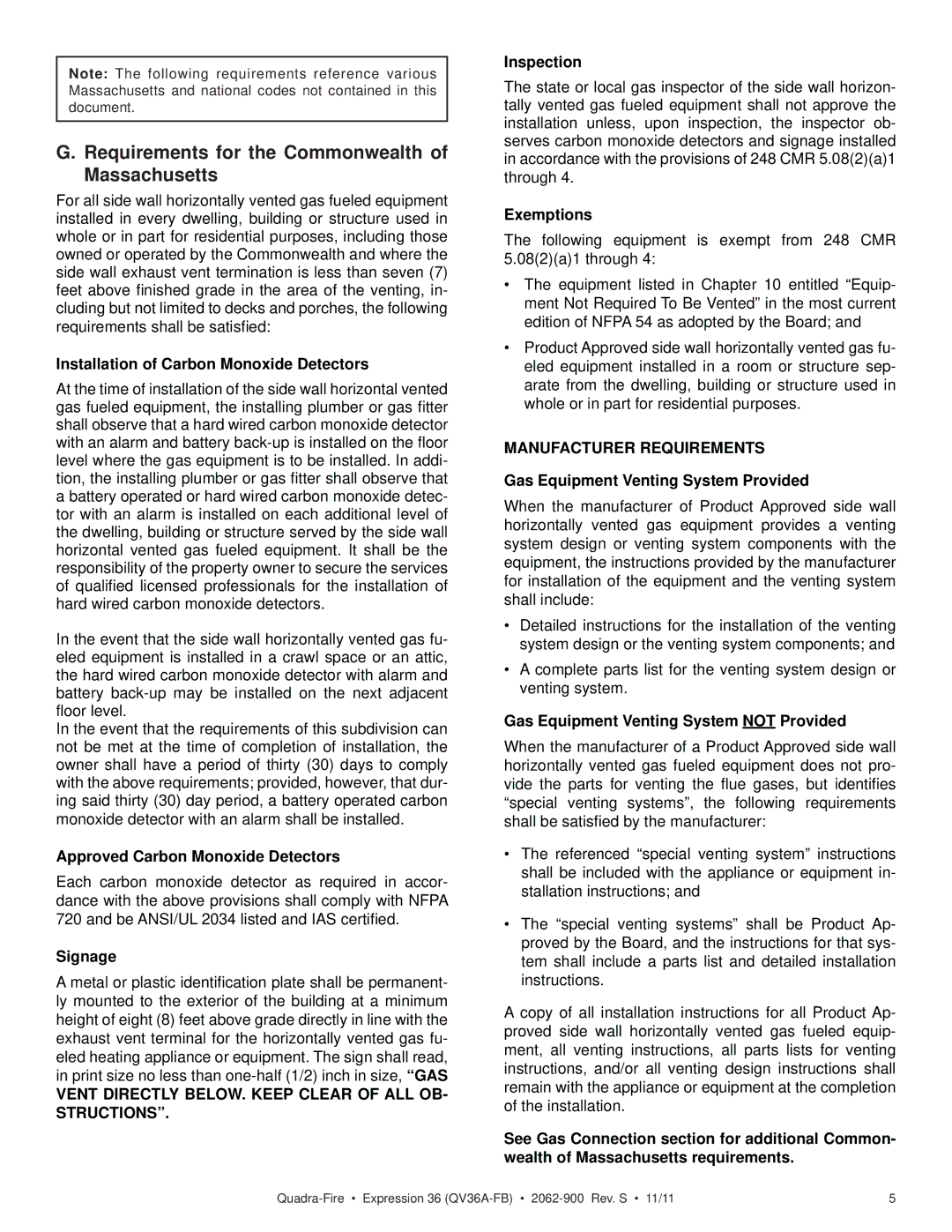 Quadra-Fire QV36A-FB Requirements for the Commonwealth of Massachusetts, Installation of Carbon Monoxide Detectors 