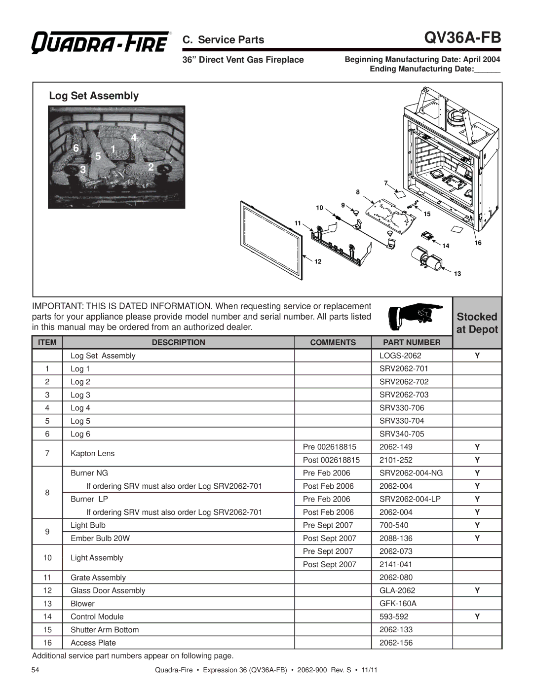 Quadra-Fire QV36A-FB owner manual Service Parts, Log Set Assembly, At Depot, Direct Vent Gas Fireplace 