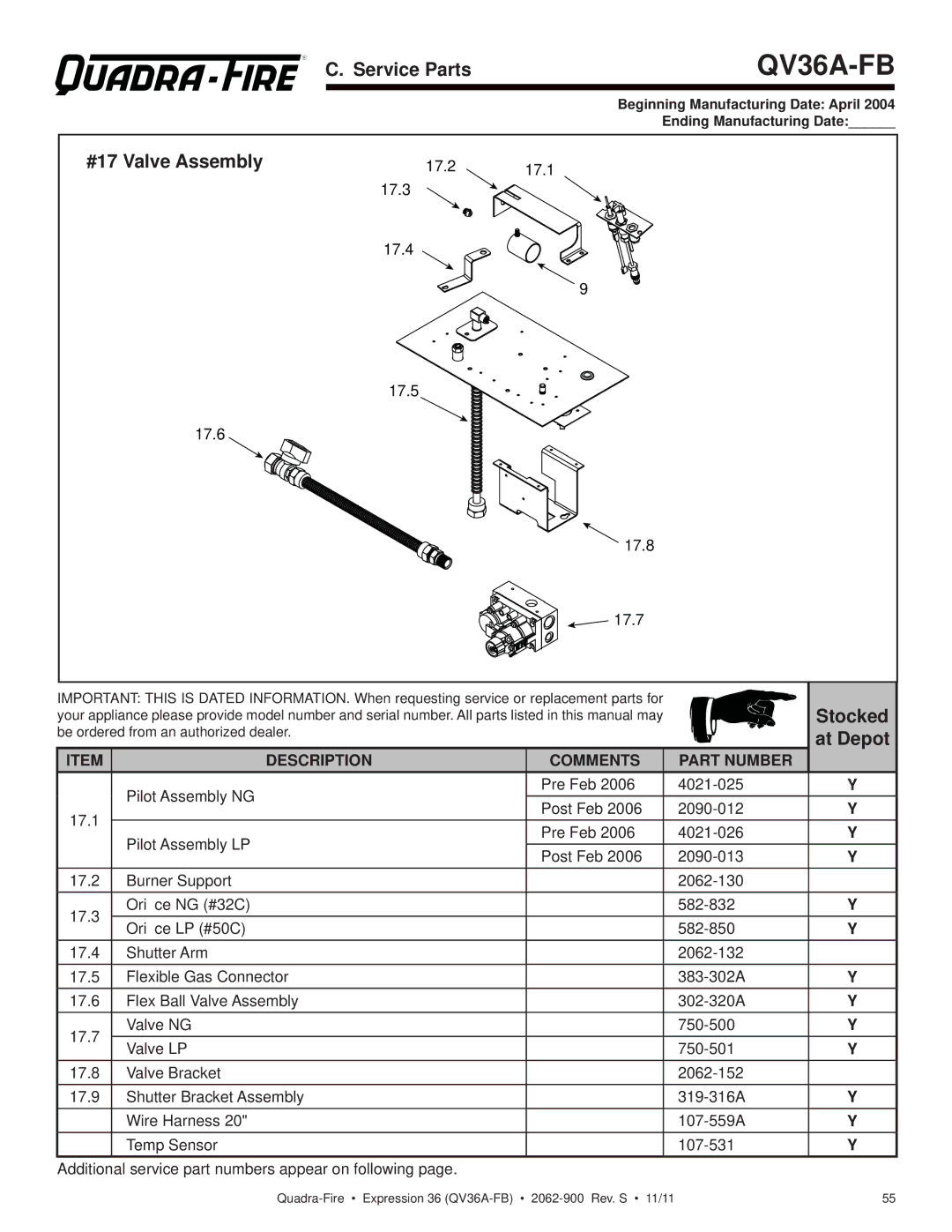 Quadra-Fire QV36A-FB owner manual #17 Valve Assembly, Be ordered from an authorized dealer 