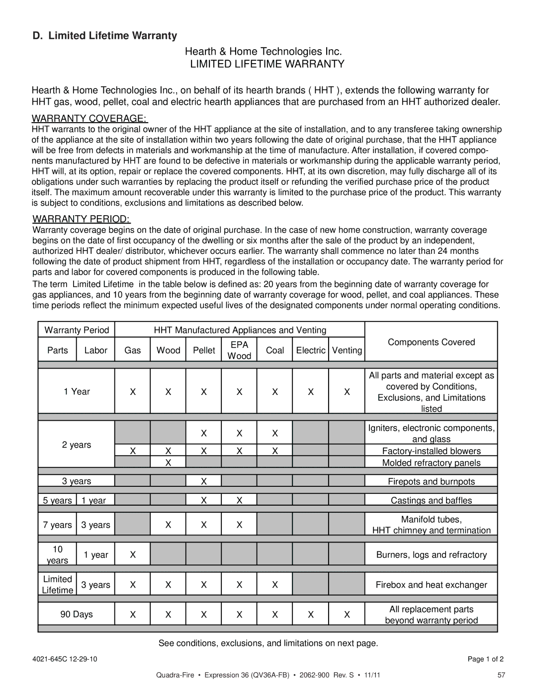 Quadra-Fire QV36A-FB owner manual Limited Lifetime Warranty 