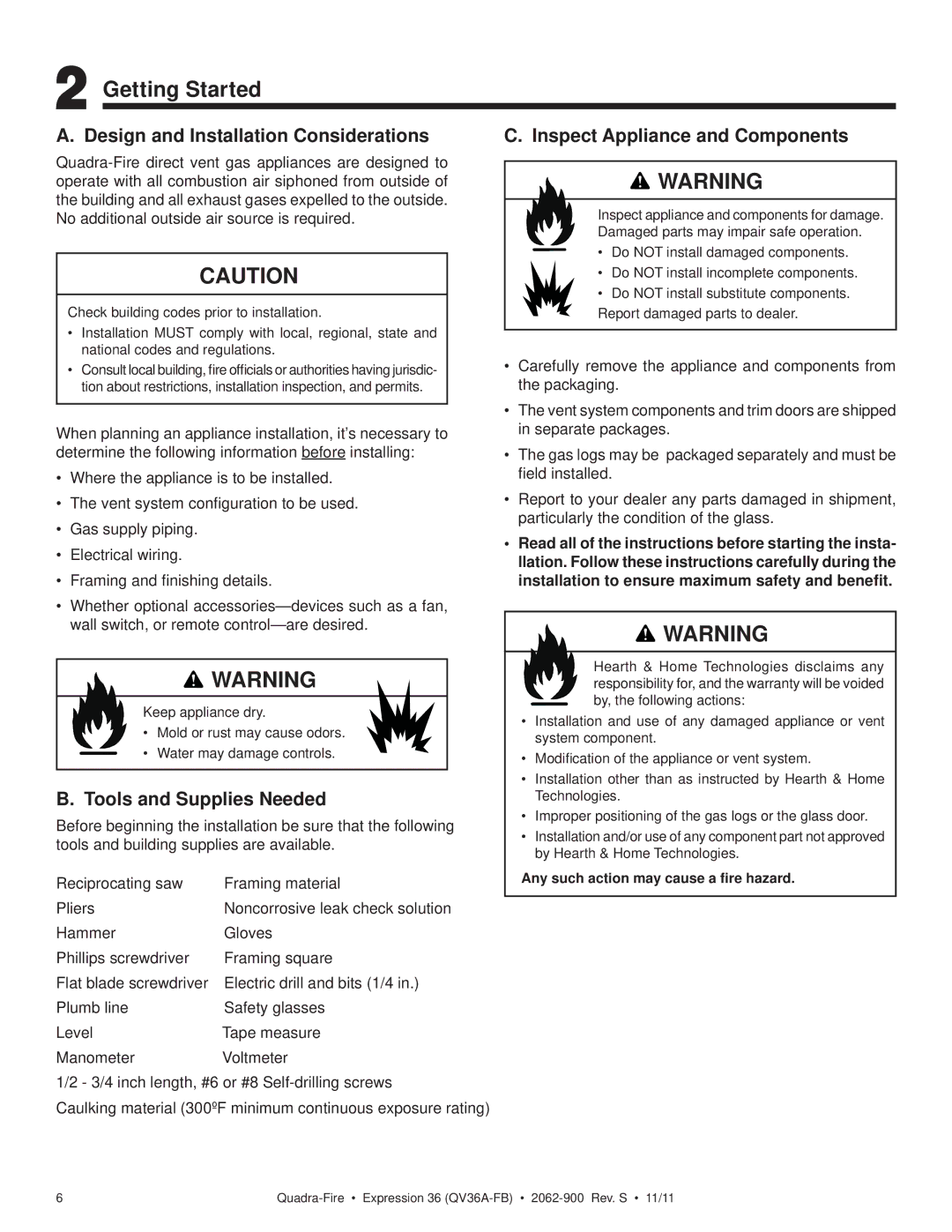 Quadra-Fire QV36A-FB owner manual Getting Started, Design and Installation Considerations, Tools and Supplies Needed 