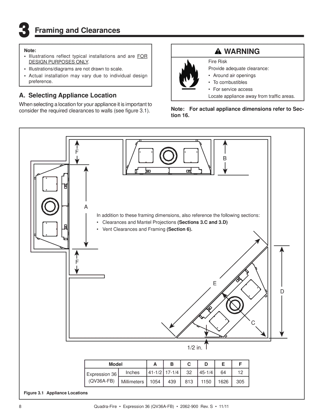 Quadra-Fire owner manual Framing and Clearances, Selecting Appliance Location, Model, 41-1/2 17-1/4 45-1/4 QV36A-FB 