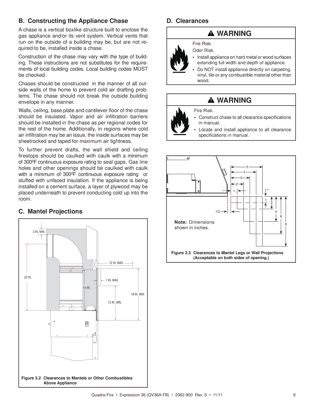 Quadra-Fire QV36A-FB owner manual Constructing the Appliance Chase, Clearances, Mantel Projections, Fire Risk Odor Risk 