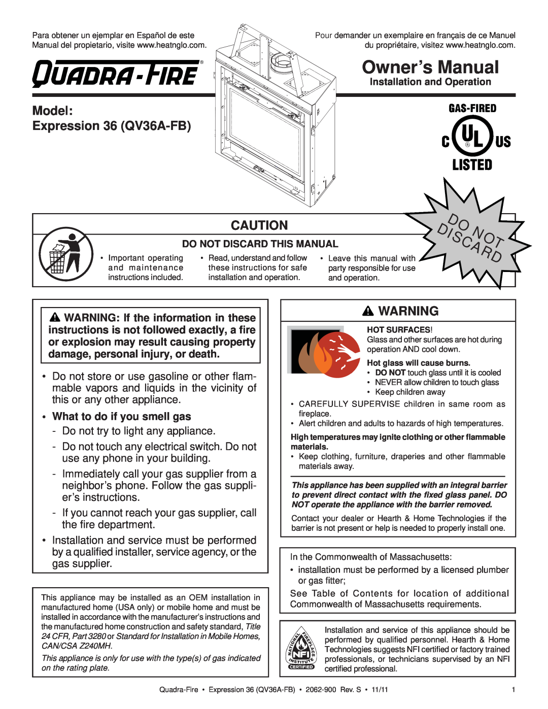 Quadra-Fire owner manual Model Expression 36 QV36A-FB, •What to do if you smell gas 