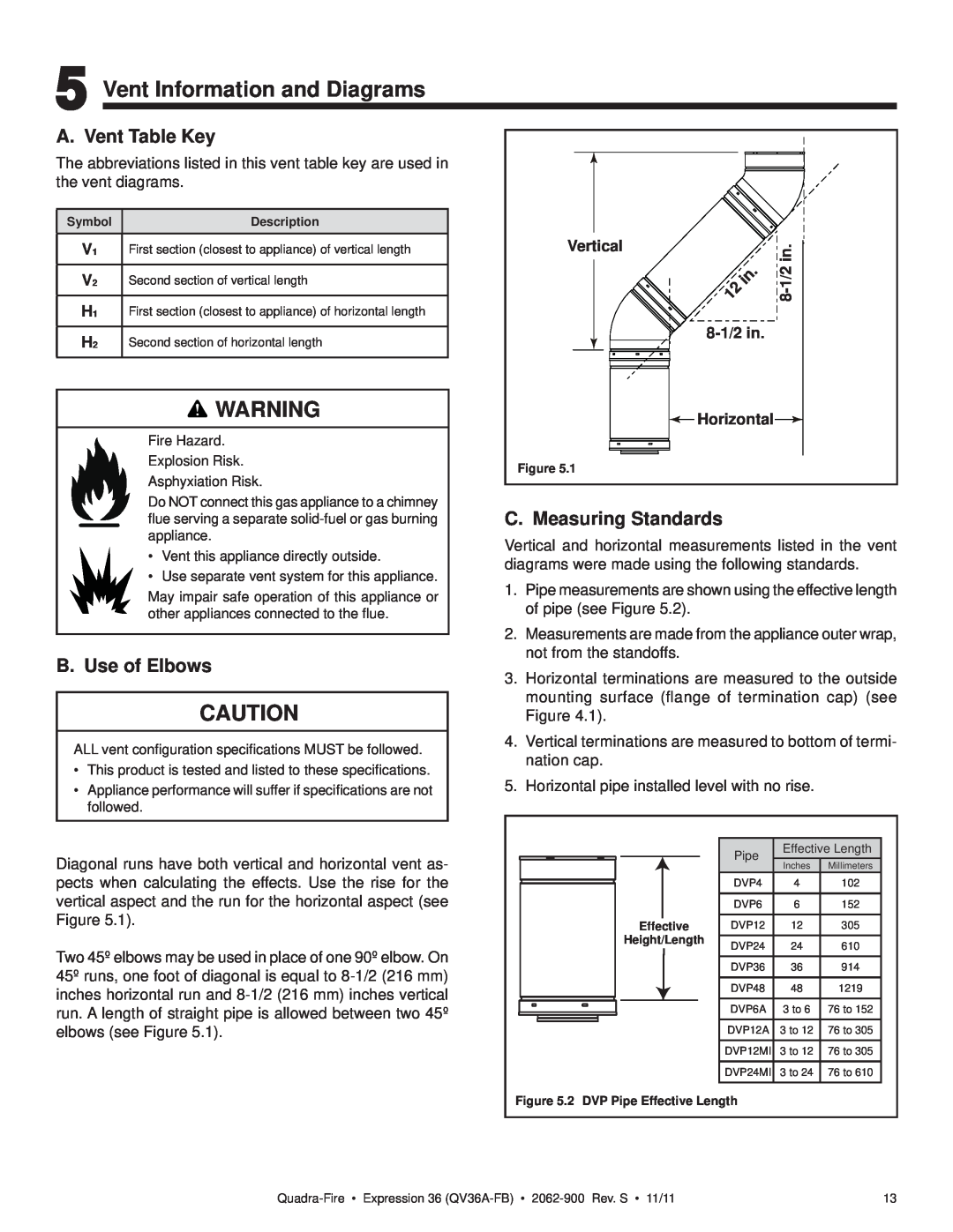 Quadra-Fire QV36A-FB Vent Information and Diagrams, A. Vent Table Key, C. Measuring Standards, B. Use of Elbows, Vertical 